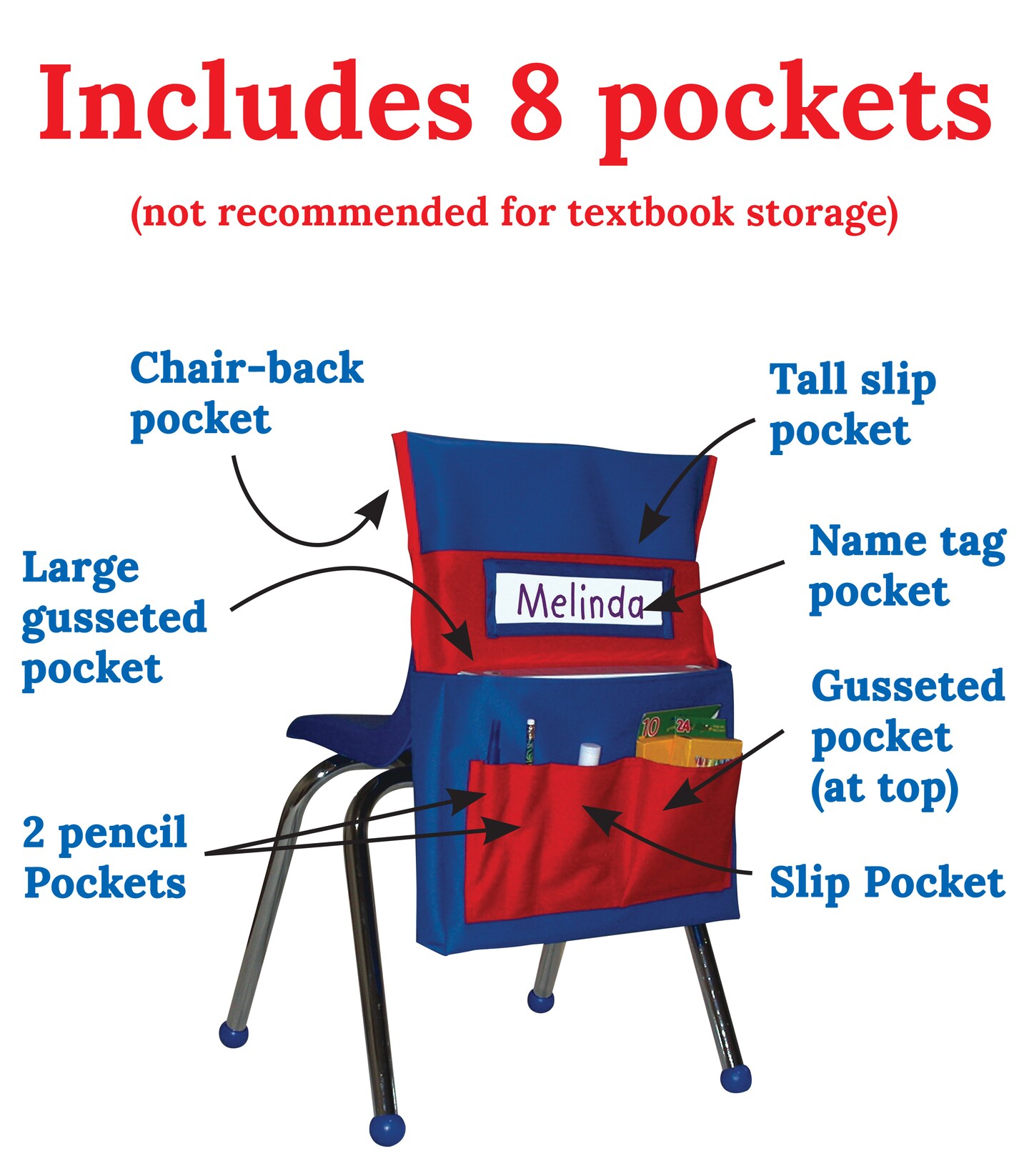 Carson Dellosa 6-Pack Blue and Red Chairback Buddy Pocket Chart Set, 15&#x22; x 19&#x22; Back of Chair School Supplies Pocket Organizer With Name Tag and 6 Chair Pockets for Classrooms, Classroom Organization
