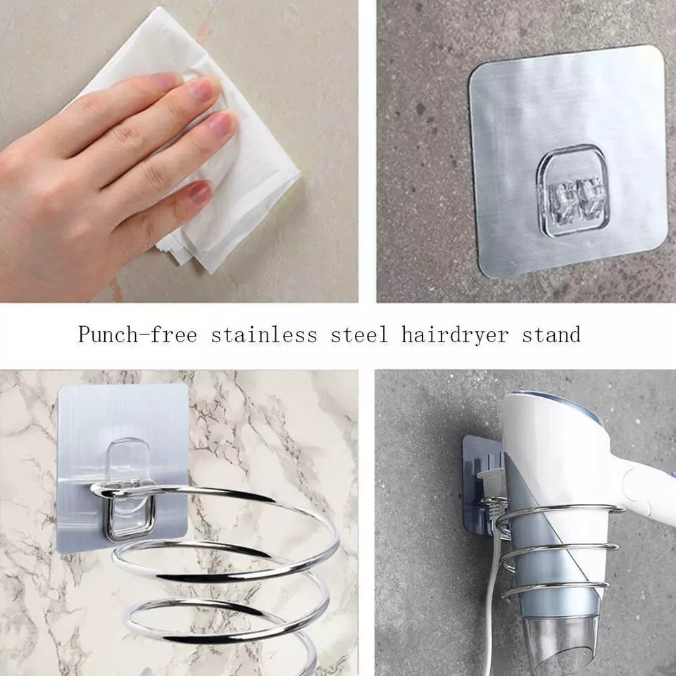 Hair Dryer Holder Wall Mounted Rack Space Save Stainless Steel Bathroom Shelf