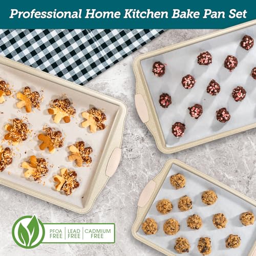 3 Pieces Deluxe Nonstick White Marble Baking Pans - Professional Carbon Steel Bakeware Set with Silicone Handles - Dishwasher Safe & Stackable
