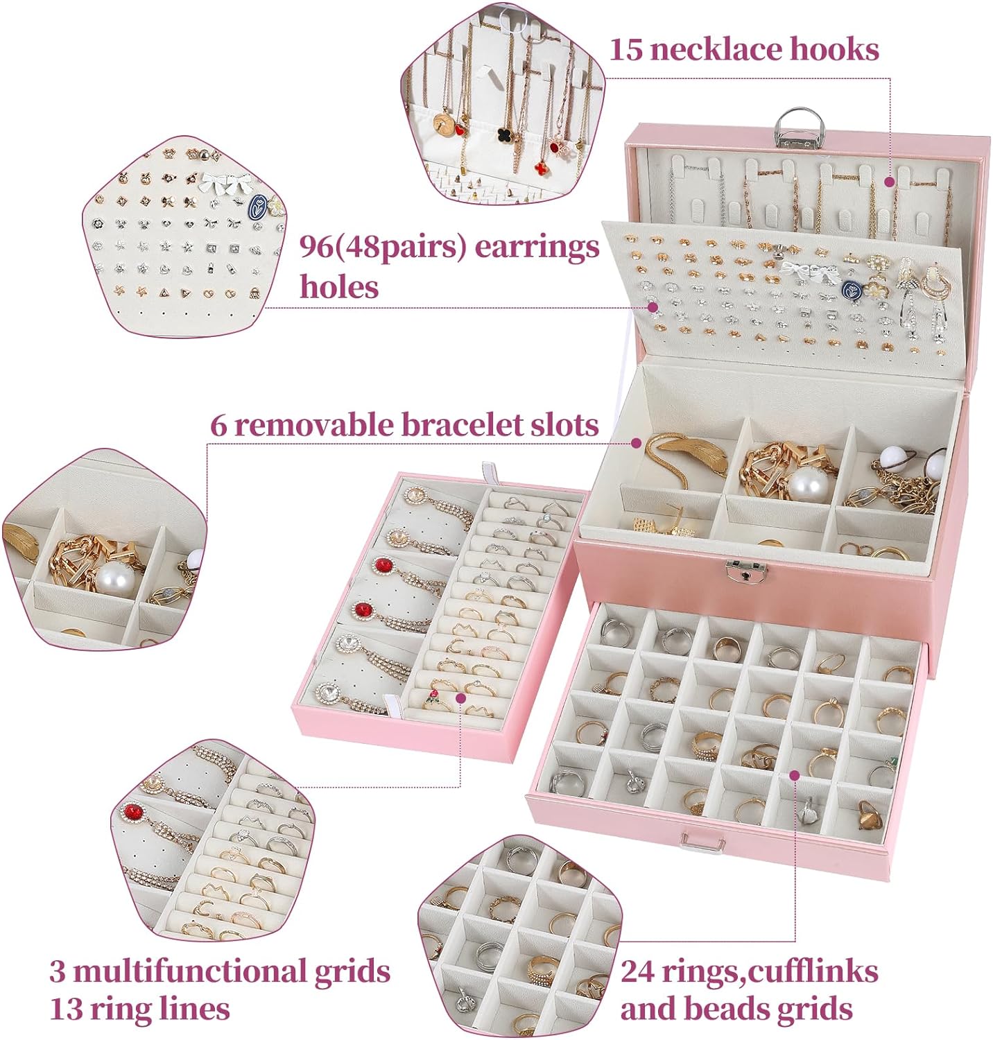 5-Layer Earring Jewelry Box with Lock – Stud, Necklace, Ring Organizer for Women and Girls