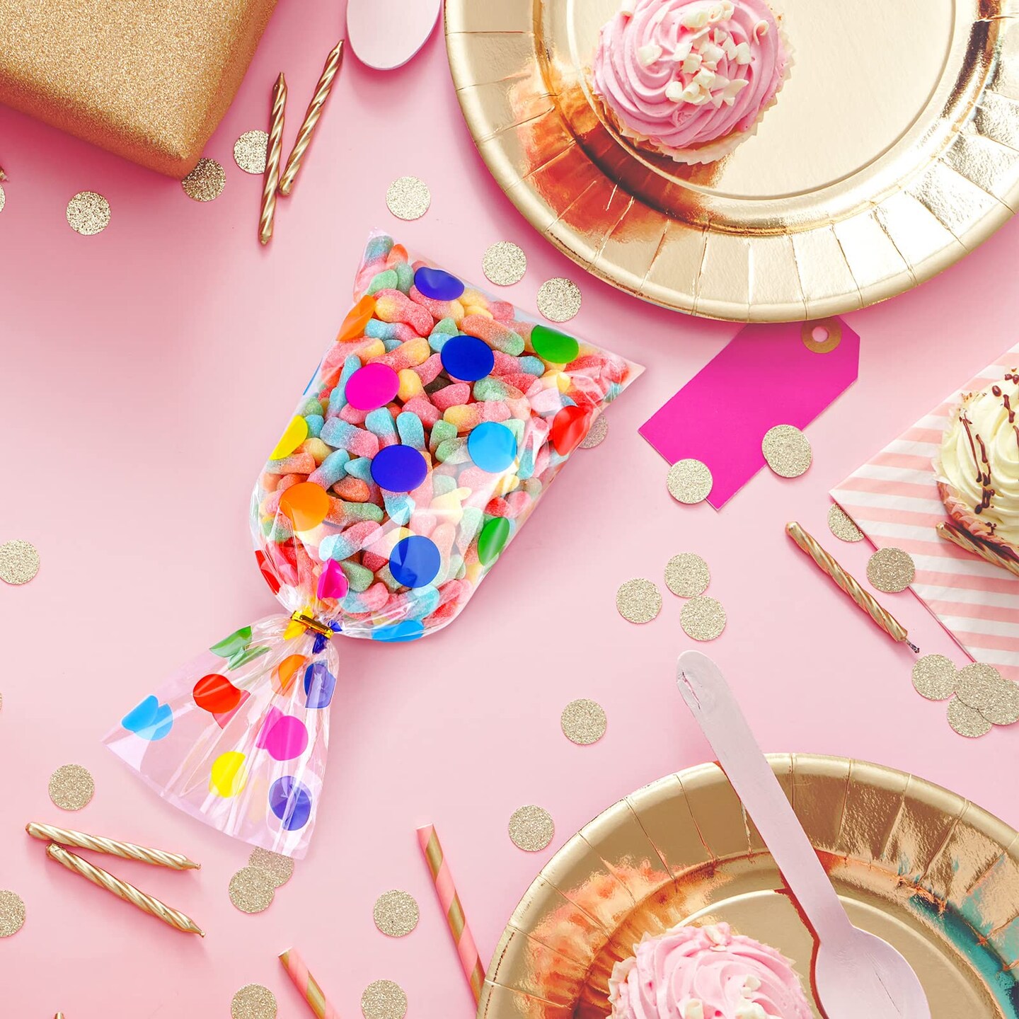 100 Pieces 10.6 x 5.1 In Rainbow Cellophane Bags Plastic Candy Gift Bags Cellophane Treat Bags with Twist Ties Stripes Polka Dot Printed Pattern Goodie Bags for Birthday Weddings Party Favors