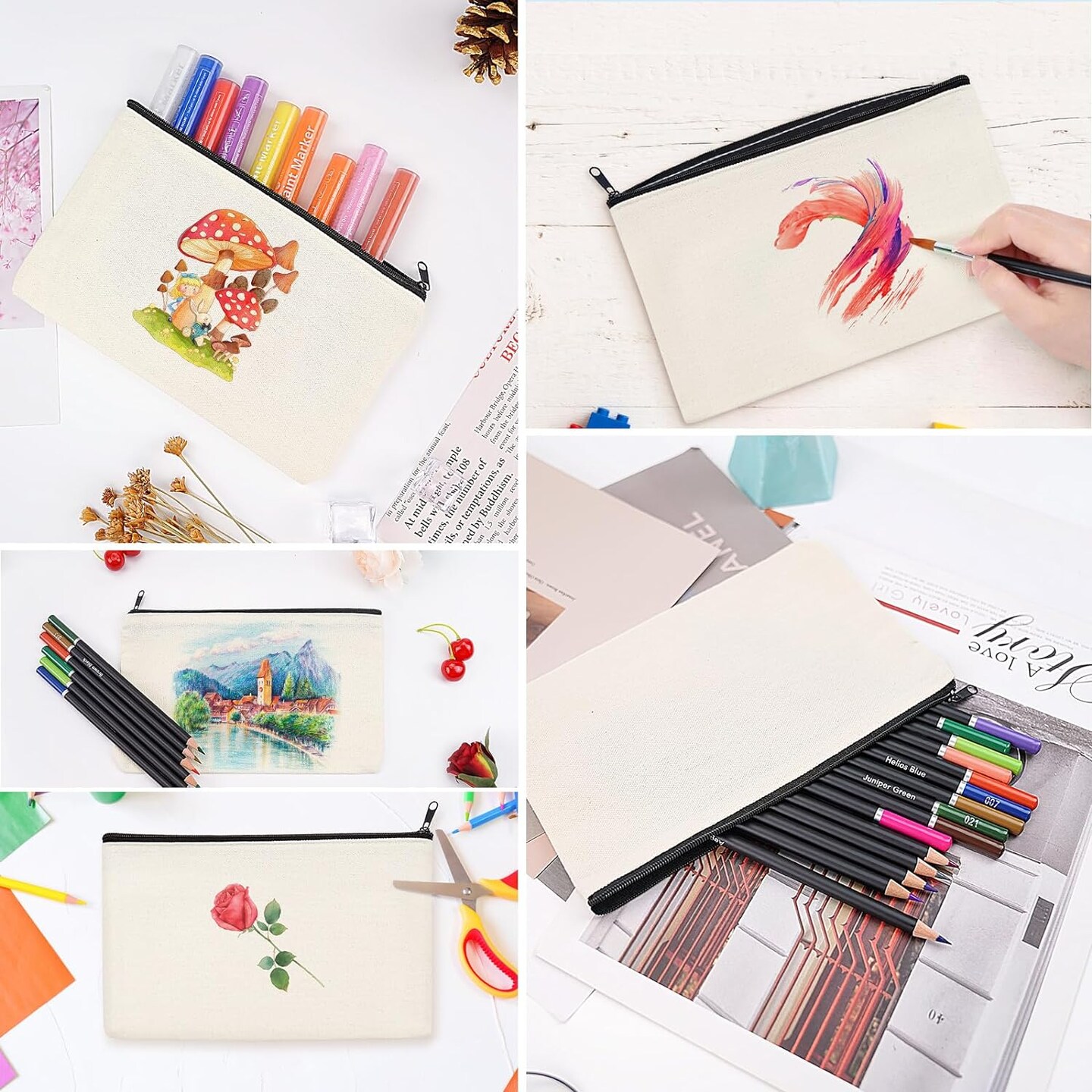 Blank Canvas Makeup Bags 10 Pack, Sublimation Blanks Cosmetic Bags, DIY Heat Transfer Canvas Pen Case Pencil Bags, Beige Multi-Purpose Travel Toiletry Zipper Bags (10pcs 8.3 &#xD7; 5 Inch)
