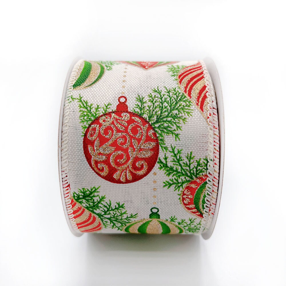 Designer&#x2019;s Shop WR 63-5183 Holiday Glitter Gold/Red/Green Ornaments Wired edge ribbon 2.5&#x201D; x 10 yard