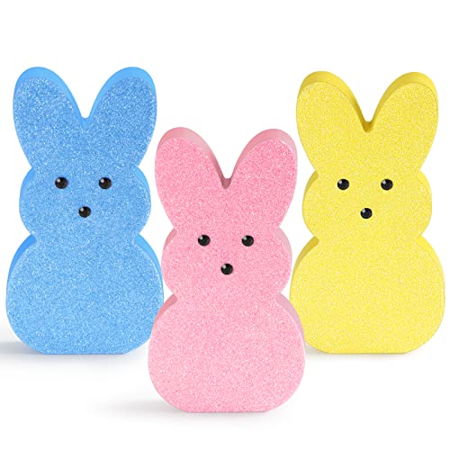 3 Pieces Glittery Easter Wooden Signs for Tiered Tray/Mantel/Table Decorations, Style of Peeps with 3D Eyes