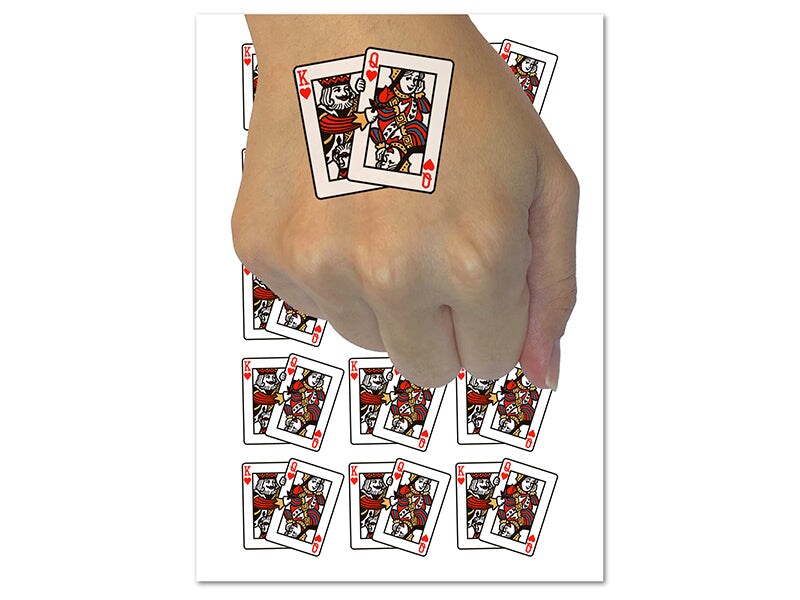 King and Queen of Hearts Playing Cards Temporary Tattoo Water Resistant Fake Body Art Set Collection (1 Sheet)
