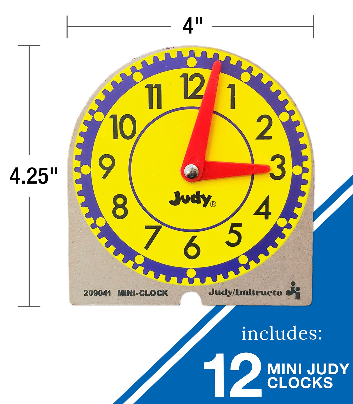 Carson Dellosa 12PC Judy Clock Set, 4" x 4" Mini Clocks for Kids Learning to Tell Time, Teaching Supplies for Classroom, Homeschool, and Circle Time Learning Center