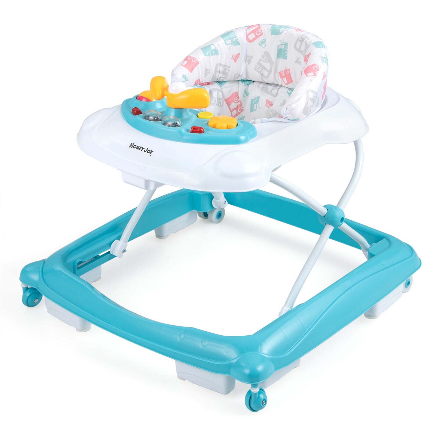 Honeyjoy Foldable Baby Walker with 3 Adjustable Heights Comfy Padded Seat Music Tray Blue/Green/Grey/Pink