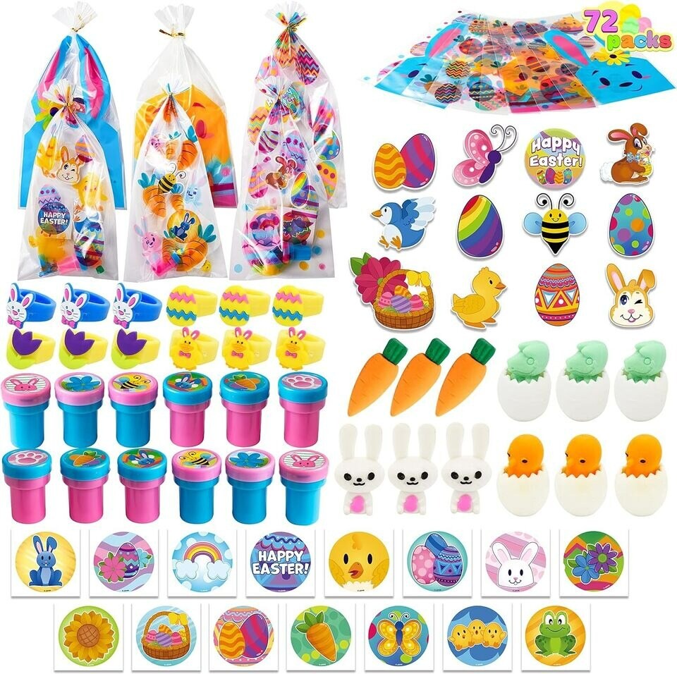 72 Pcs Easter Party Favors Set, 12 Packs Assorted Goody Bags with Easter