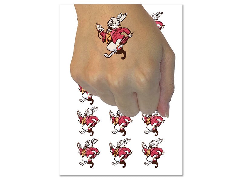 White Rabbit Pocket Watch Wonderland Temporary Tattoo Water Resistant Fake Body Art Set Collection (1 Sheet)
