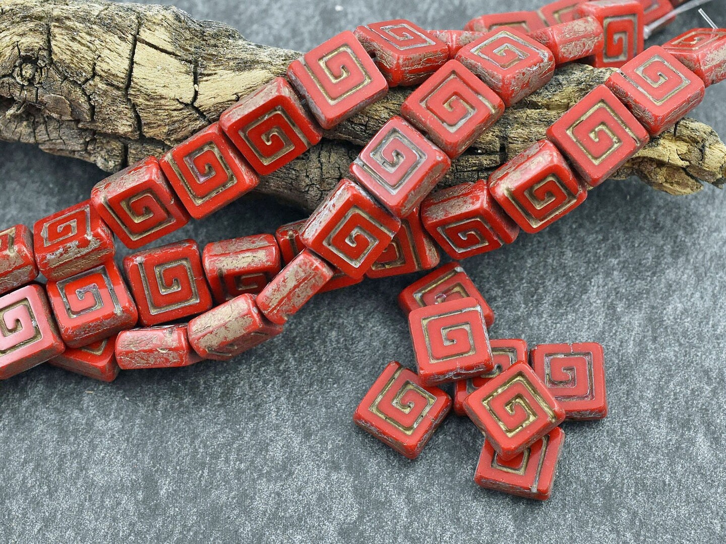 *12* 9mm Gold Washed Opaque Red Table Cut Celtic Square Beads