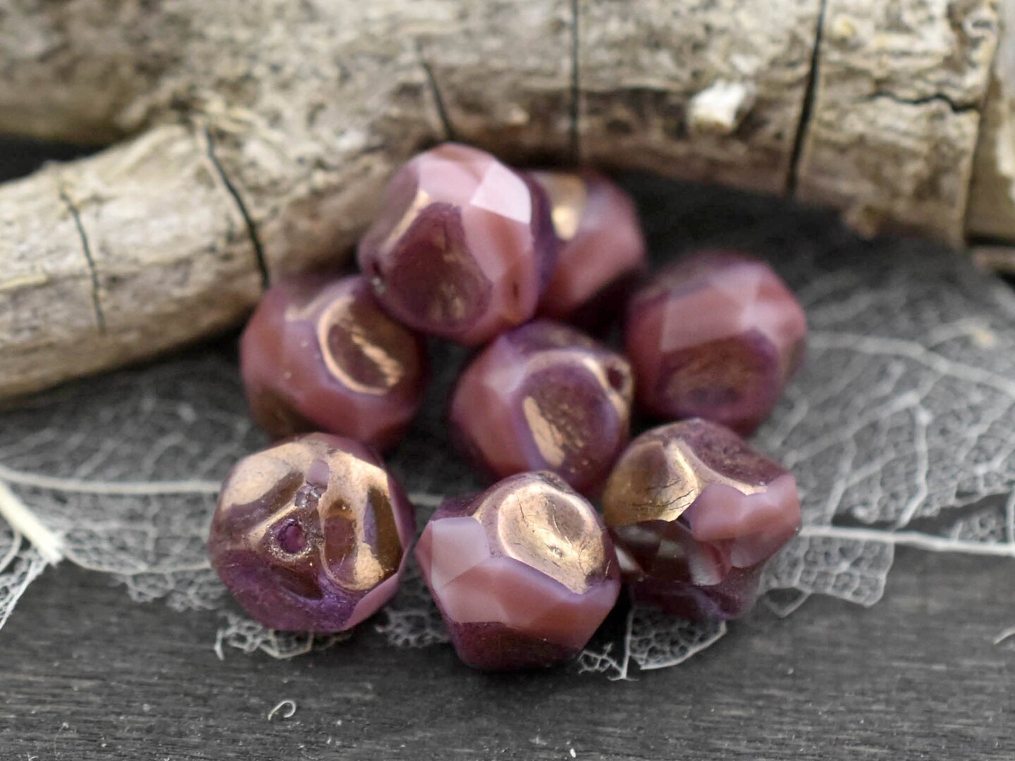 *15* 9mm Purple Bronze Washed Pink Silk Central Cut Round Beads