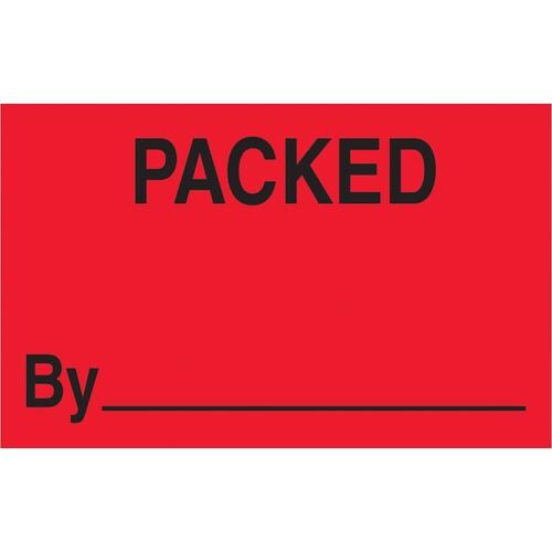 Tape Logic Labels, &#x22;Packed By&#x22;, 1 1/4&#x22; x 2&#x22;, Fluorescent Red, 500/Roll