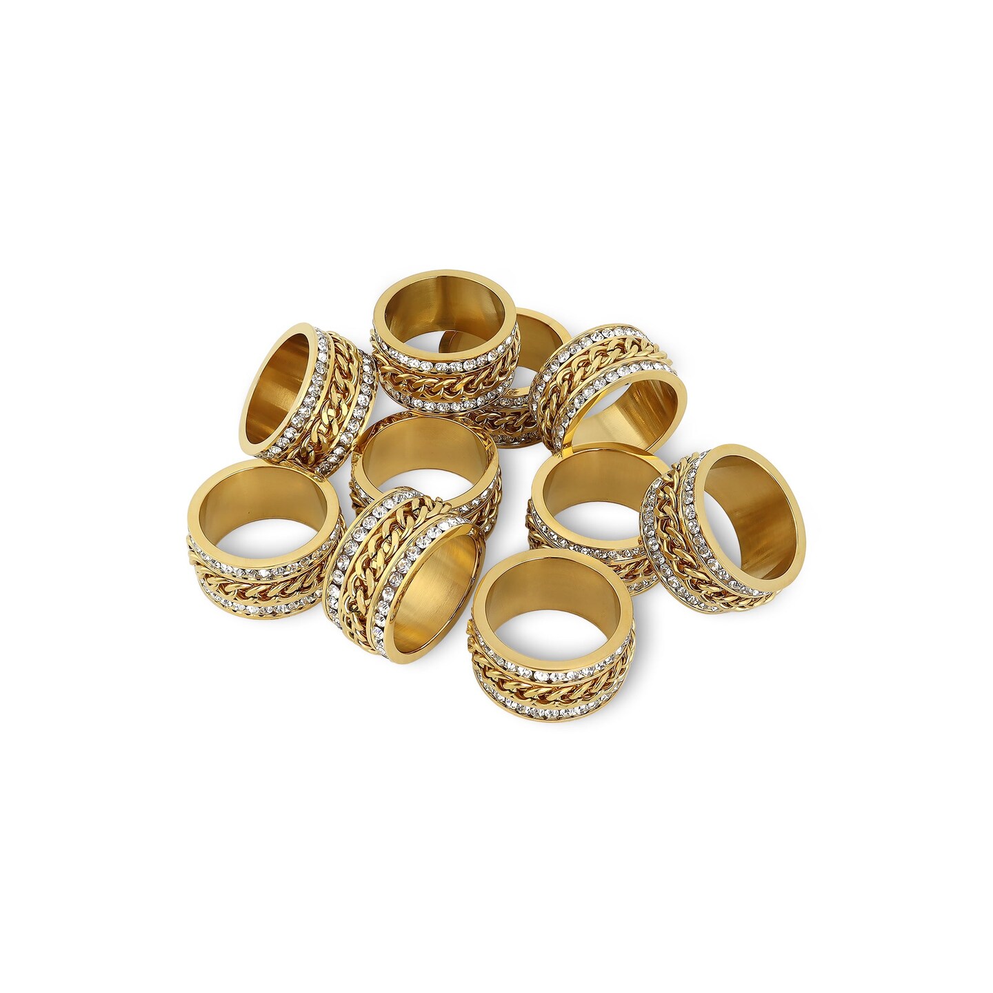 10 Pack - CZ Eternity With 18K Gold Center Chain Spinner Stainless Steel Ring