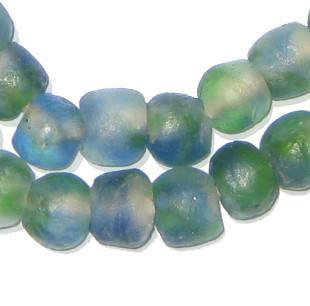 TheBeadChest African Recycled Glass Beads, Strand, For Jewelry Making, Home Decor, Handmade in Ghana (14mm, Blue Green Swirl)
