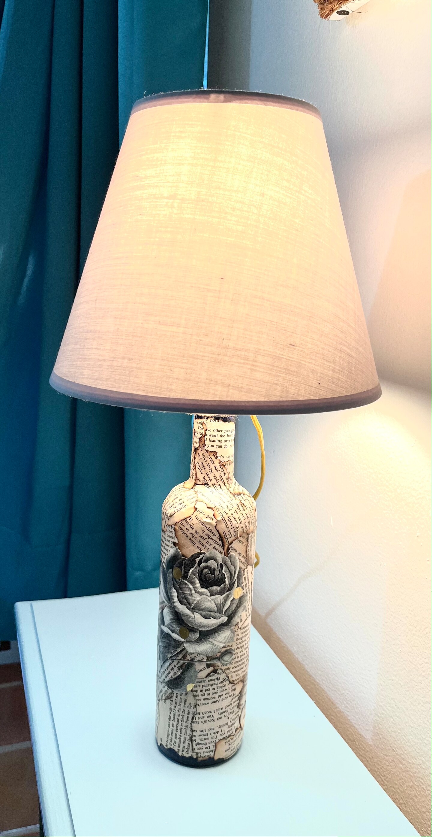 Decoupaged glass wine bottle. Vase or convert to table lamp ...