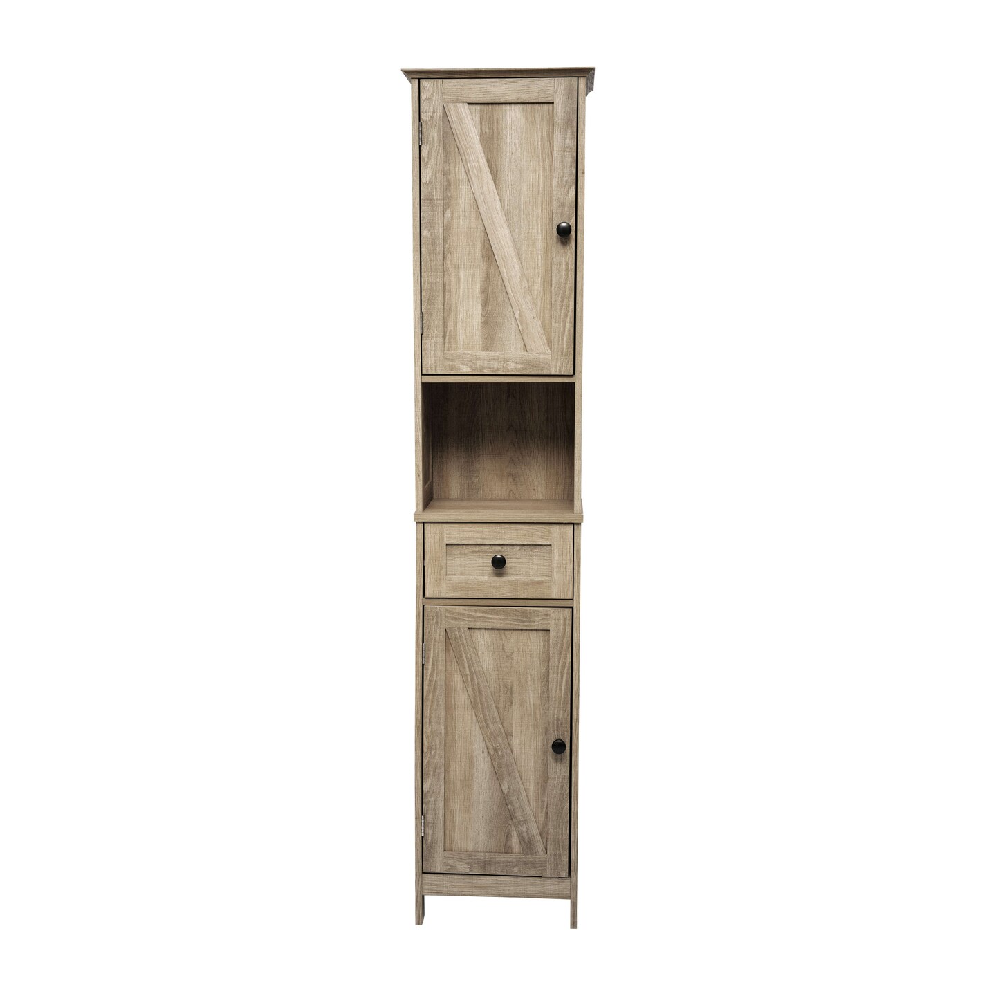 Merrick Lane Delilah Slim Linen Tower Organizer with Storage Drawer, Upper and Lower Cabinets with Magnetic Closure Doors and Open Shelf