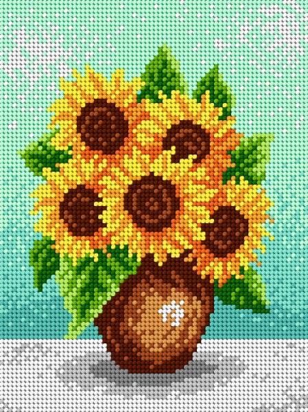 Needlepoint canvas for halfstitch without yarn Sunflowers in a Brown Vase 1940F - Printed Tapestry Canvas