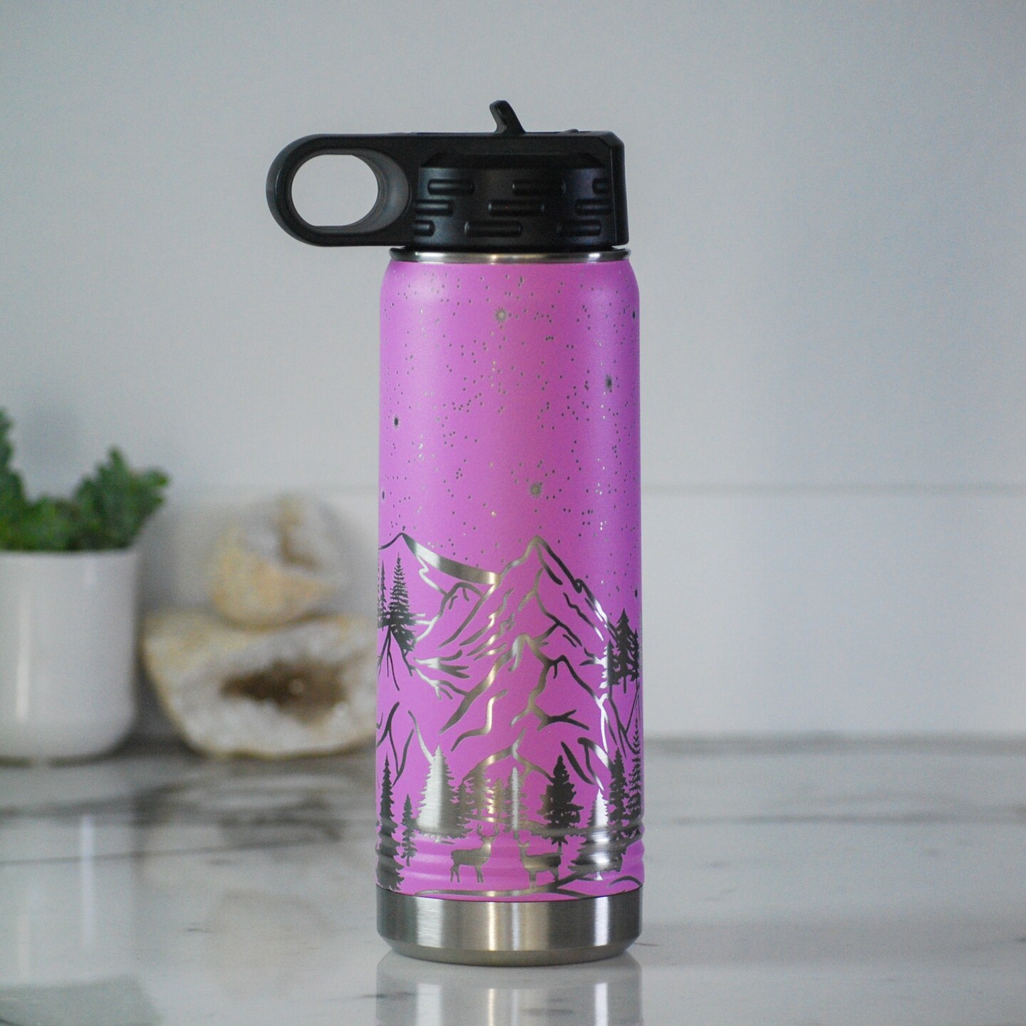 product name is Custom Engraved 20oz Stainless Steel Water Bottle - Outdoor Scene