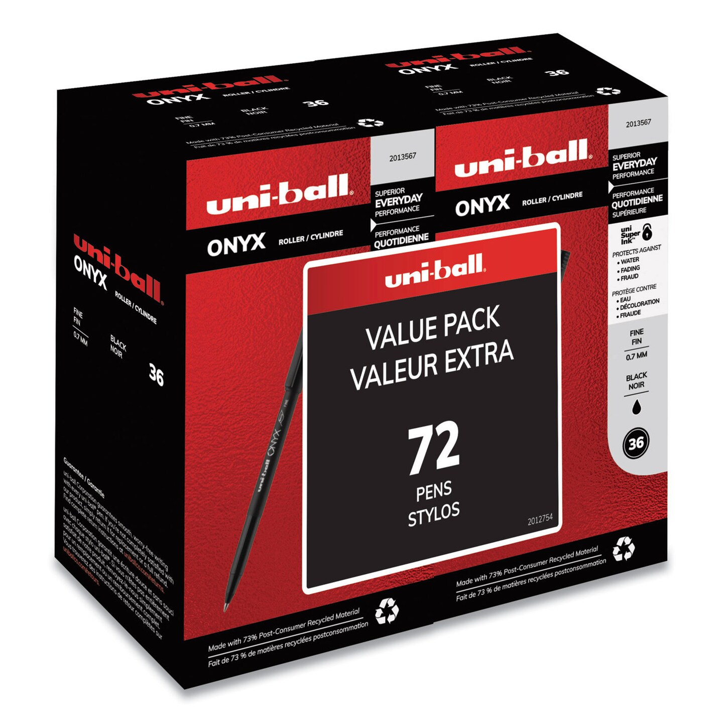 Uni-Ball ONYX Stick Roller Ball Pen, Fine 0.7 mm, Black Ink, Black Matte Barrel, 72/Pack