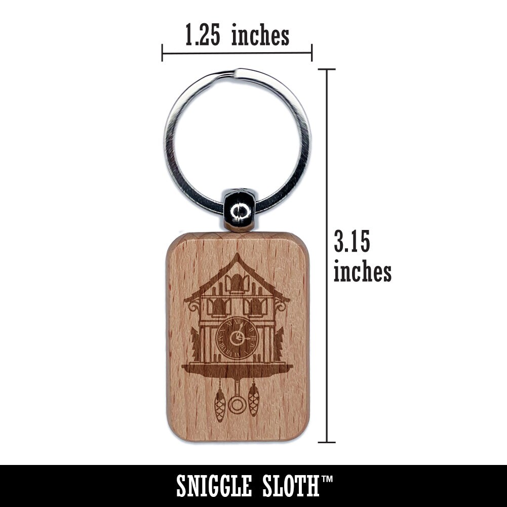 Cuckoo Clock German Black Forest House Engraved Wood Rectangle Keychain Tag Charm