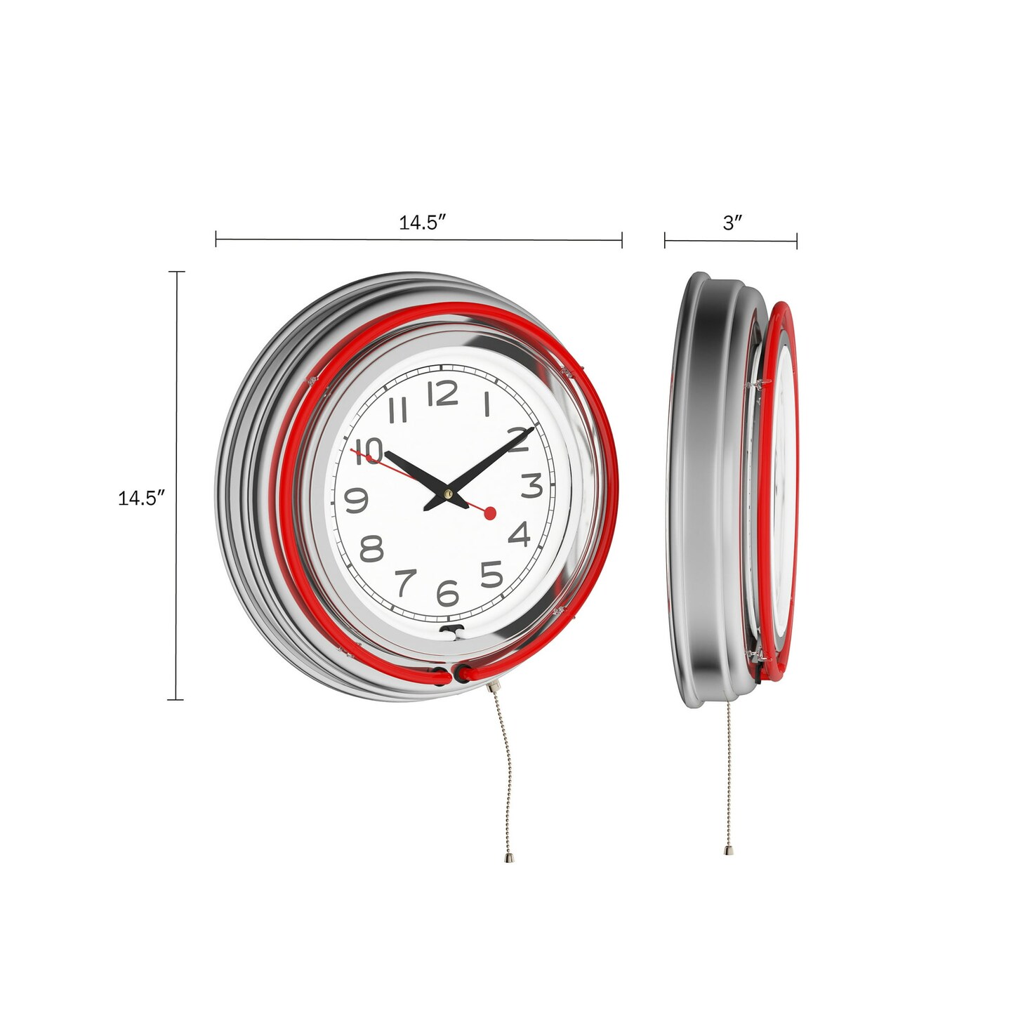 Vintage-Inspired Neon Wall Clock - 14&#x22; Round Analog Battery Operated - Red and White