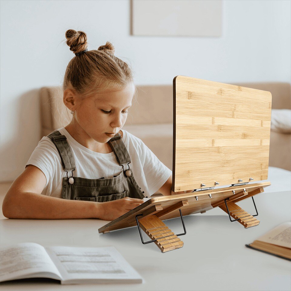 Bamboo Book Stand For Reading Double-Layer Adjustable Book Holder Portable Stand