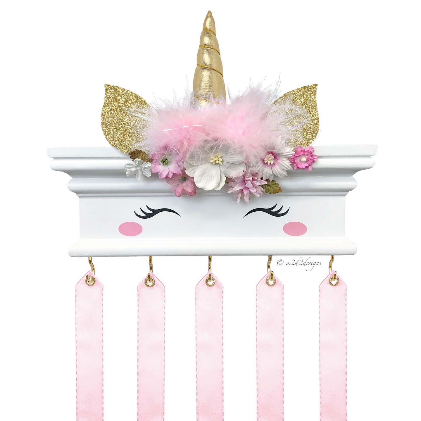 10" Unicorn Bow Holder, Girls Bedroom, Wall Mount Hair Clip Storage, Detachable Ribbons Included