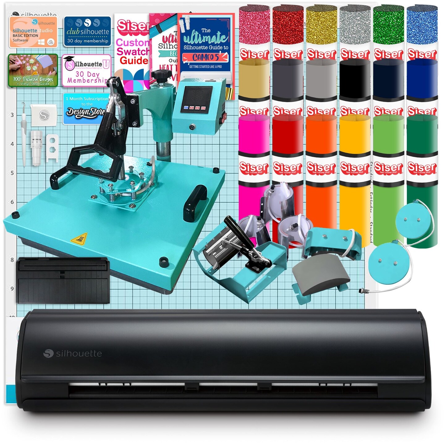 Silhouette Matte Black Cameo 5 w/ 8-in-1 Turquoise Heat Press &#x26; Siser HTV