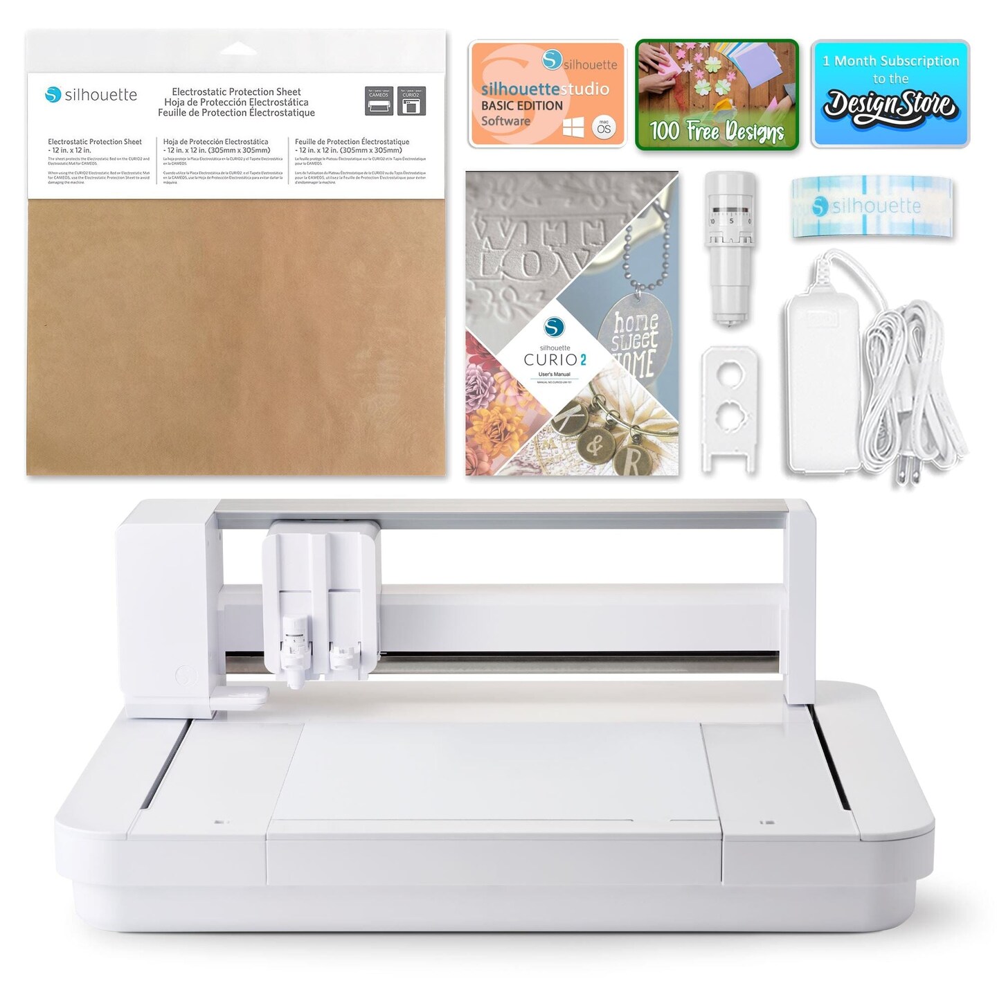 Silhouette Curio 2 w/ 38 Oracal Vinyl Sheets, Siser HTV, Guides, 24 Pens