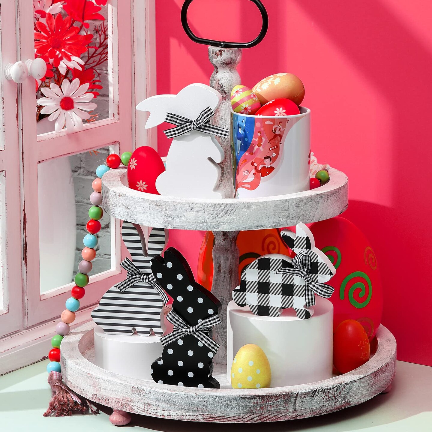 4 Pcs Easter Bunny Table Wooden Signs Bunny Shaped Farmhouse Decor Spring Bunny Wood Tabletop Easter Decorations Easter Bunny Dining Room Table Decor Sign Bunny Decor with Rope (Striped)