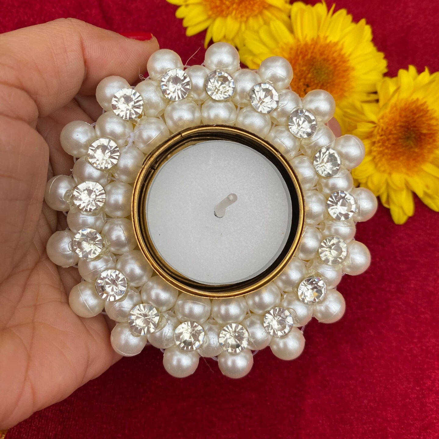 Pearl T-light Holder, Tealight Candle Holder Festival of Light Decorative for Diwali Christmas Thanksgiving Housewarming Gift Moti Candle Stand for Centerpiece Dining Table Home Decor