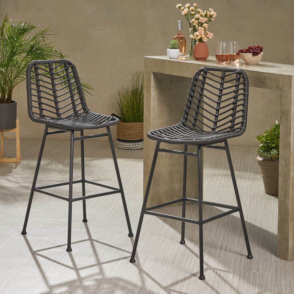 GDFStudio Jessie Outdoor Wicker Barstools (Set of 2)