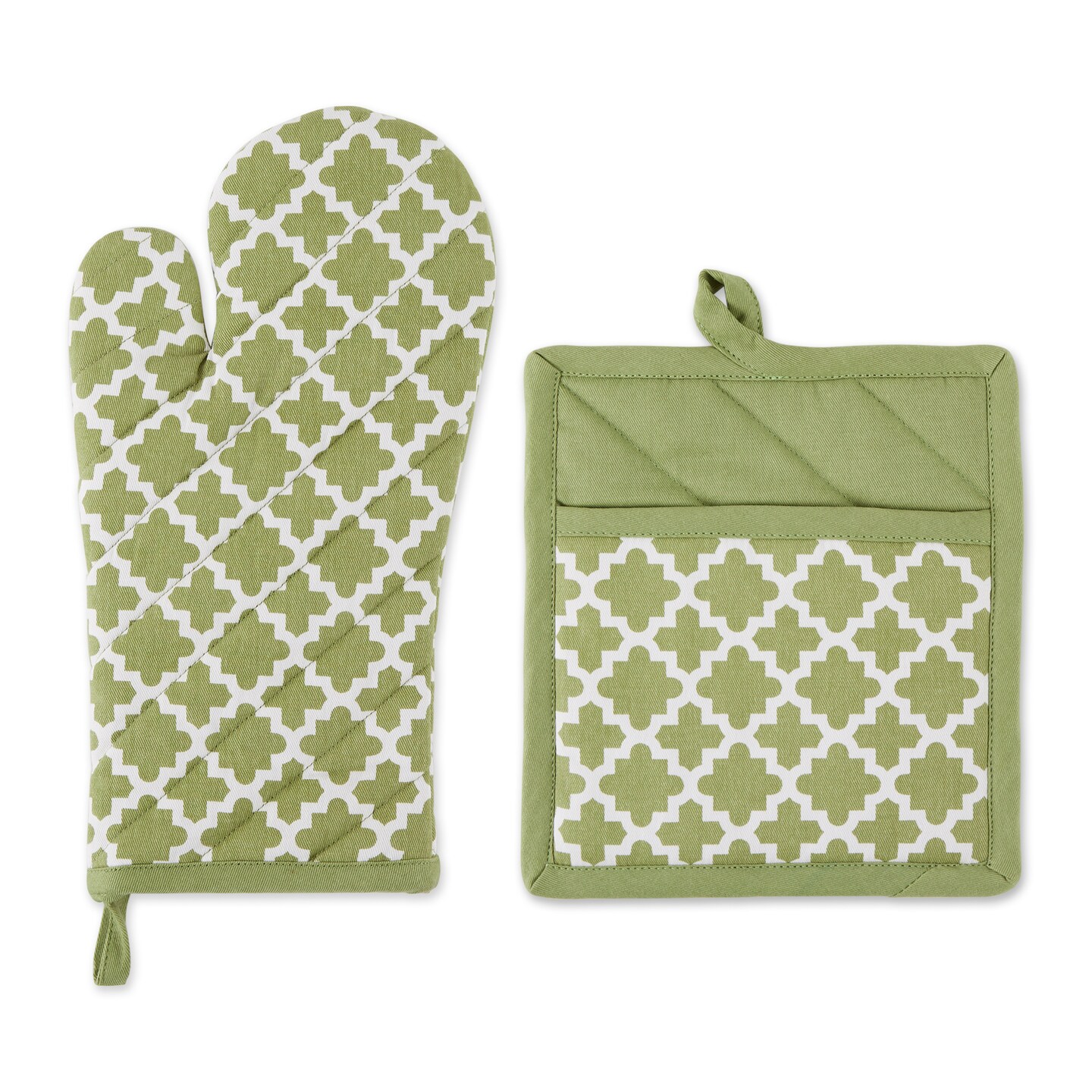 Contemporary Home Living Lattice Oven Mitt and Potholder - 13&#x22; - Green and White - Set of 2