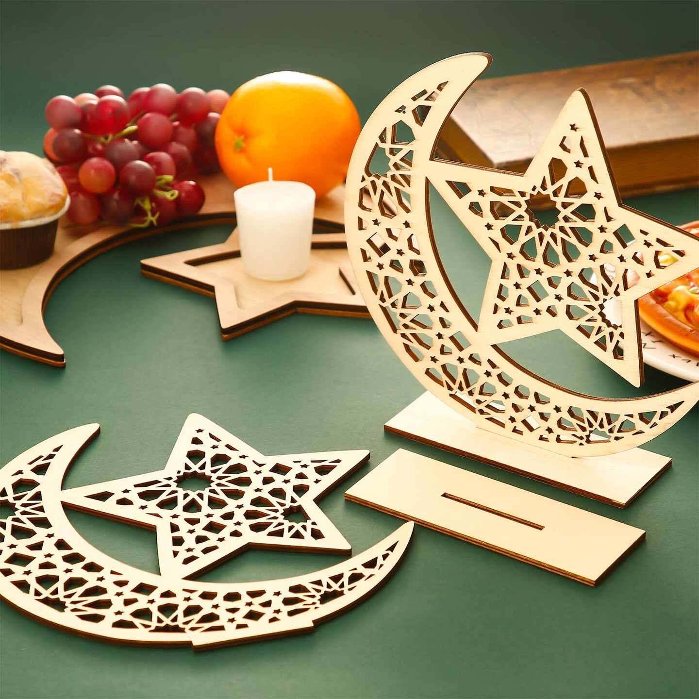 2 Set  Eid Mubarak Wooden Ornament Ramadan Hanging Plaque Moon Star Pendant for Decorations (Classic Style)