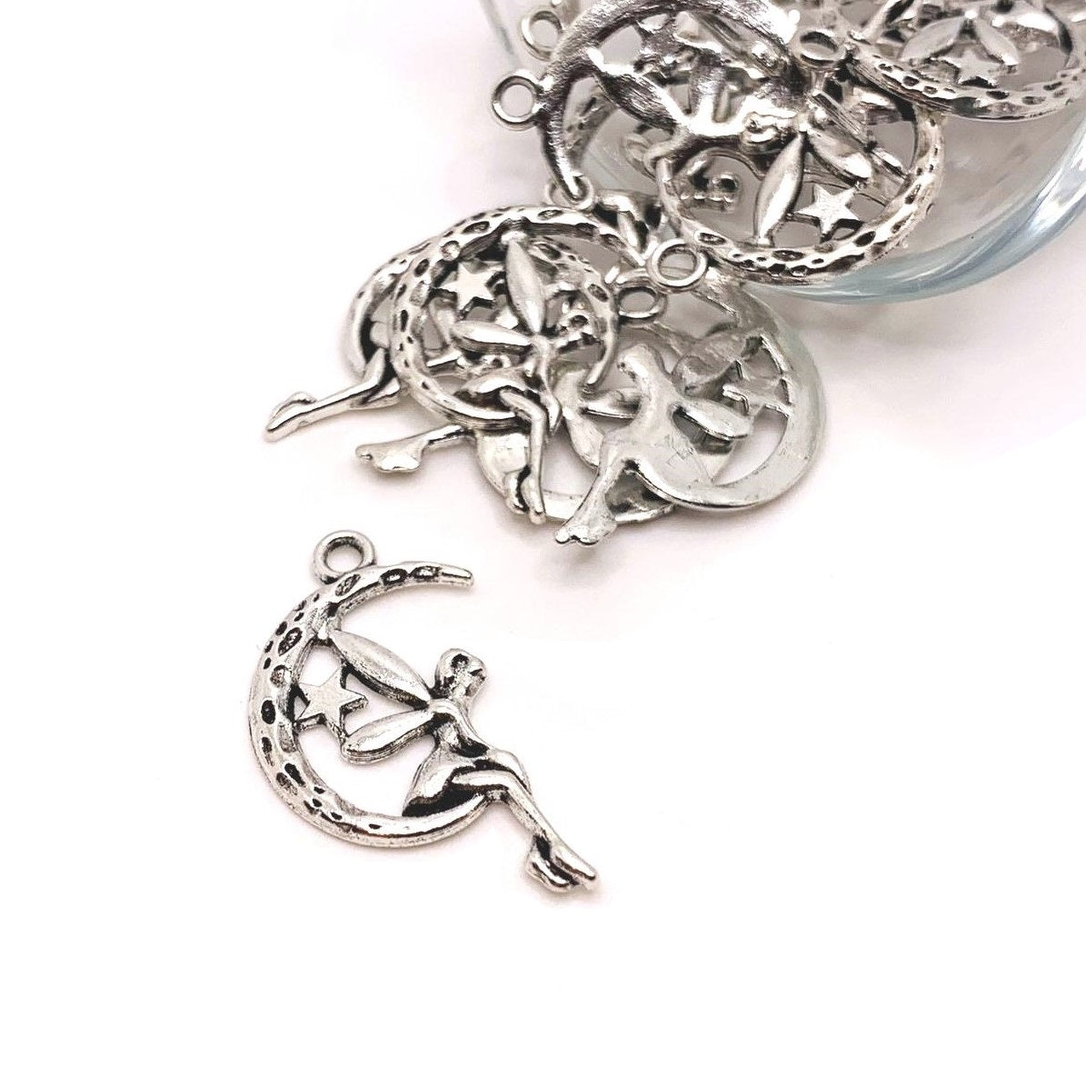 4, 20 or 50 Pieces: Silver Fairy on Moon Charms
