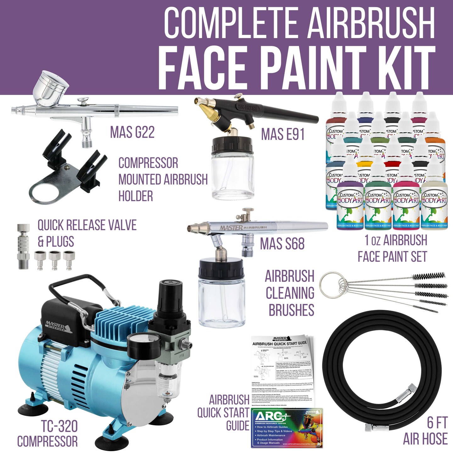 Professional 3 Airbrushing System Kit with 16 Color Water-Based Face &#x26; Body Paint Set, Cool Runner II Dual Fan Air Compressor