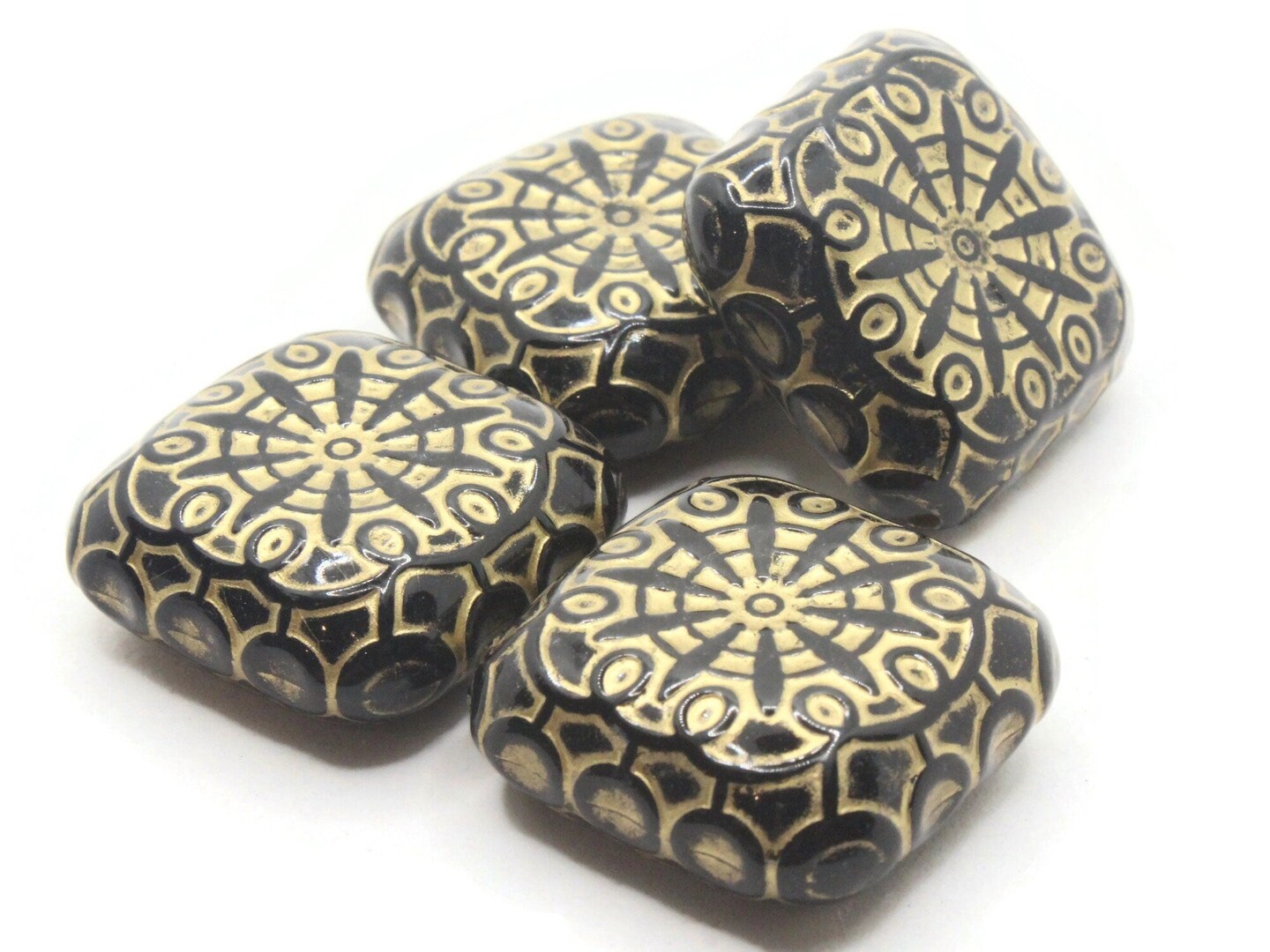 4 37mm Black Plastic Flat Square Beads with Gold