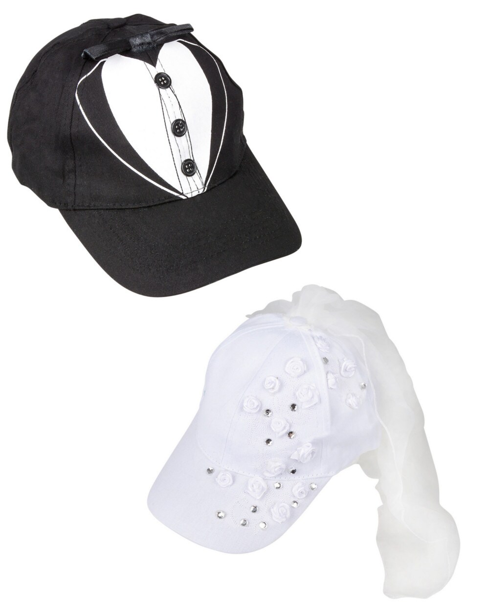 Bride and Groom Costume Baseball Hat Set With Sequins and Tule Veil and Tuxedo