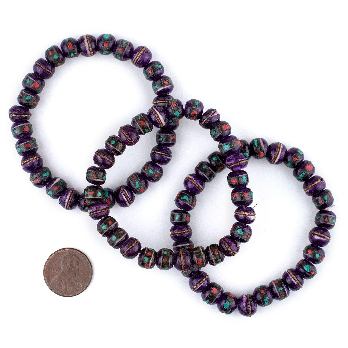 TheBeadChest Mala Stretch Bracelet, Purple - Stackable Nepal Bone Inlaid with Turquoise &#x26; Coral Colors, 100% Authentic and Genuine