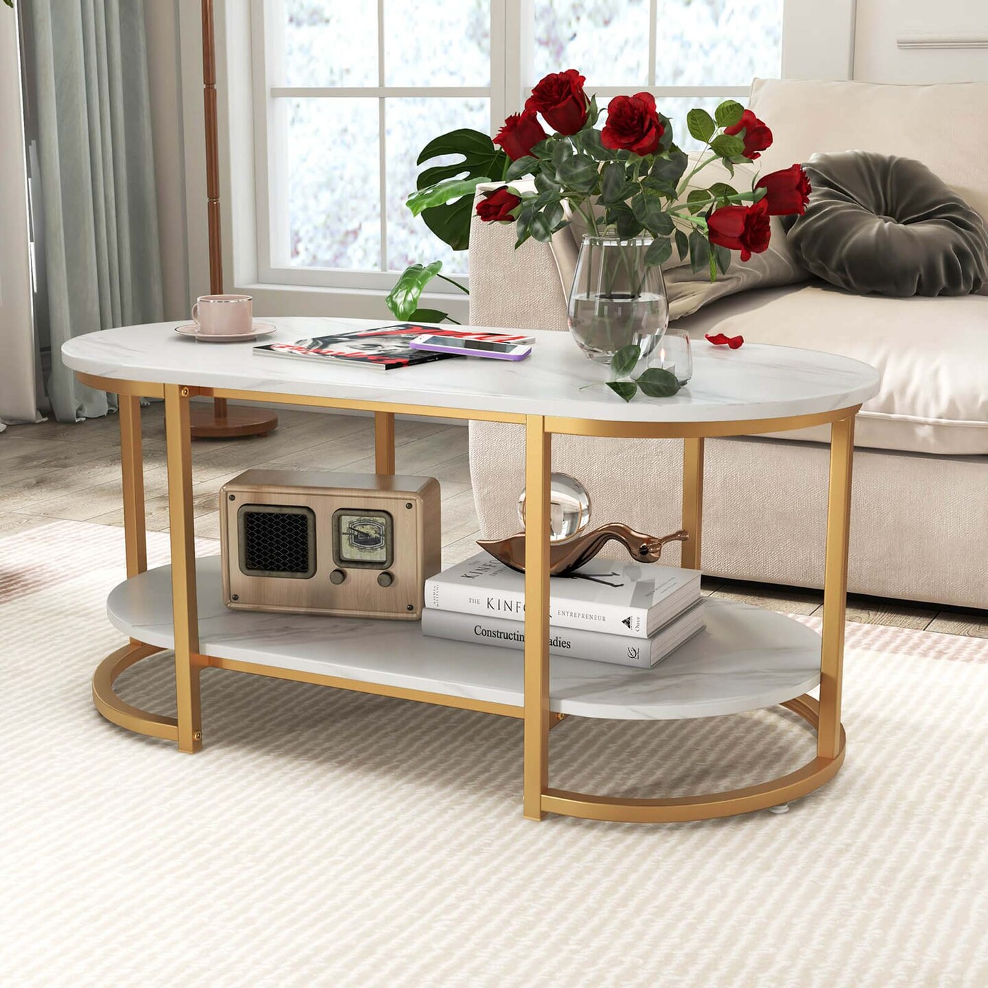 Costway White Marble Coffee Table Modern 2-Tier Center Table with Open Storage Shelf