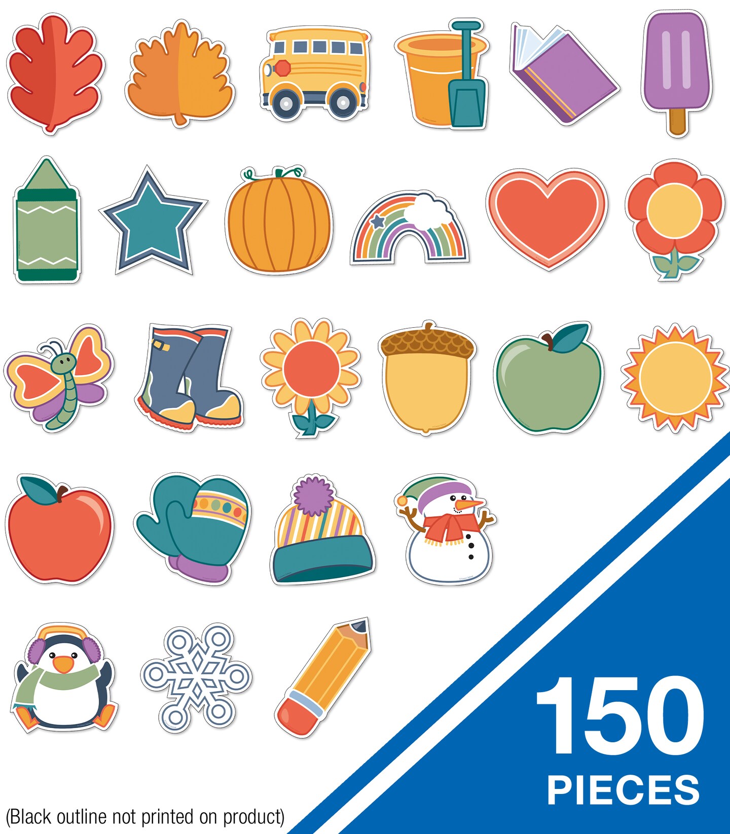 Carson Dellosa 150PC Summer, Fall, Winter, Spring Decor, Autumn Leaves, Snowflake, Hearts, Pumpkin, Sun Umbrella, Flower Cutouts, Bulletin Board, Locker, Christmas, Halloween, Thanksgiving Decorations
