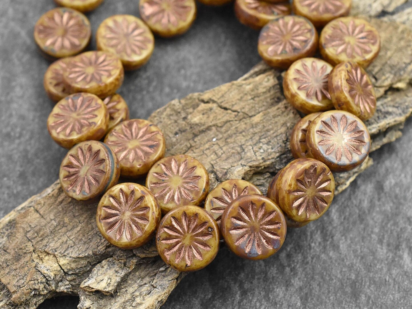 *15* 12mm Copper Washed Camel Brown Picasso  Aster Flower Coin Beads