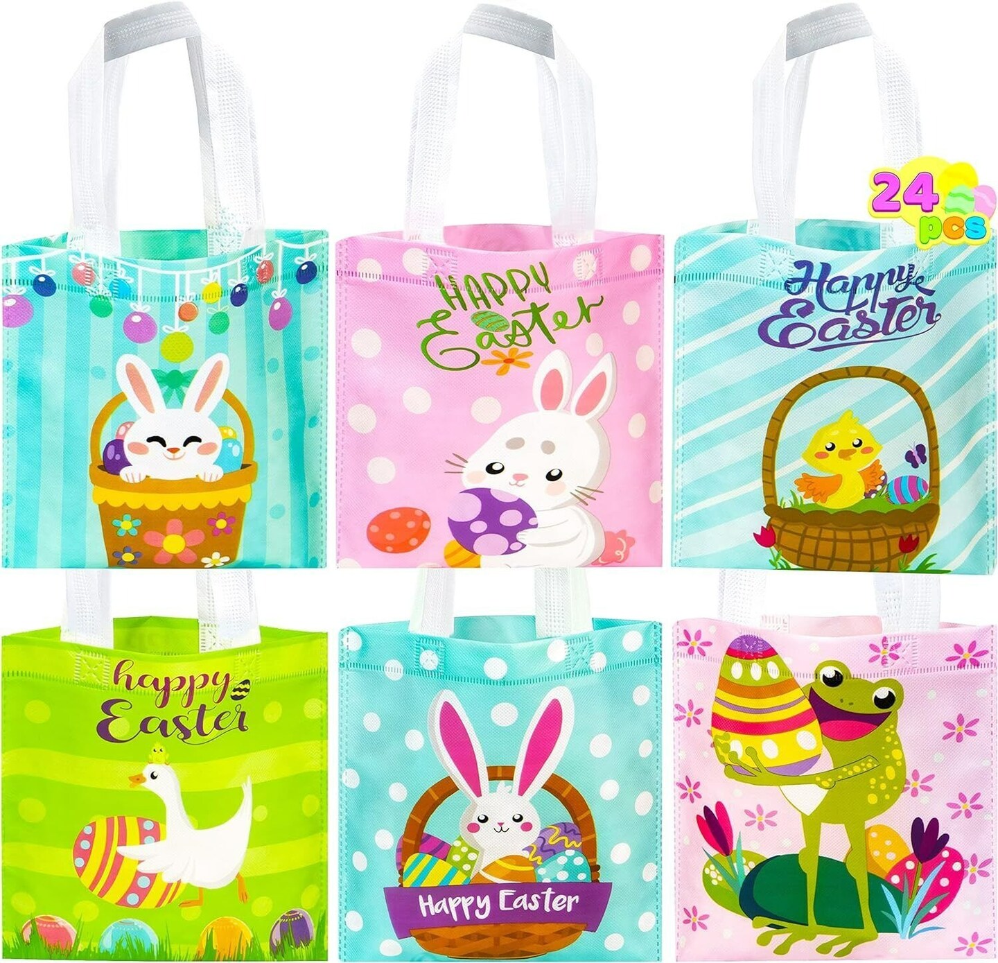 24 Pcs Easter Gift Bags, 8.7&#x22; x 8.7&#x22; Mini Size Creamed Tone Easter Gift