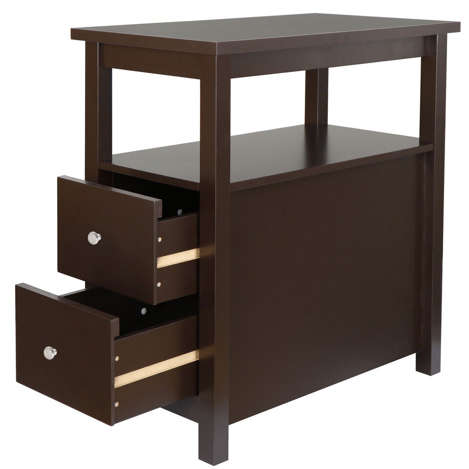 Brown End Table with 2 Drawer and Shelf Narrow for Living Room