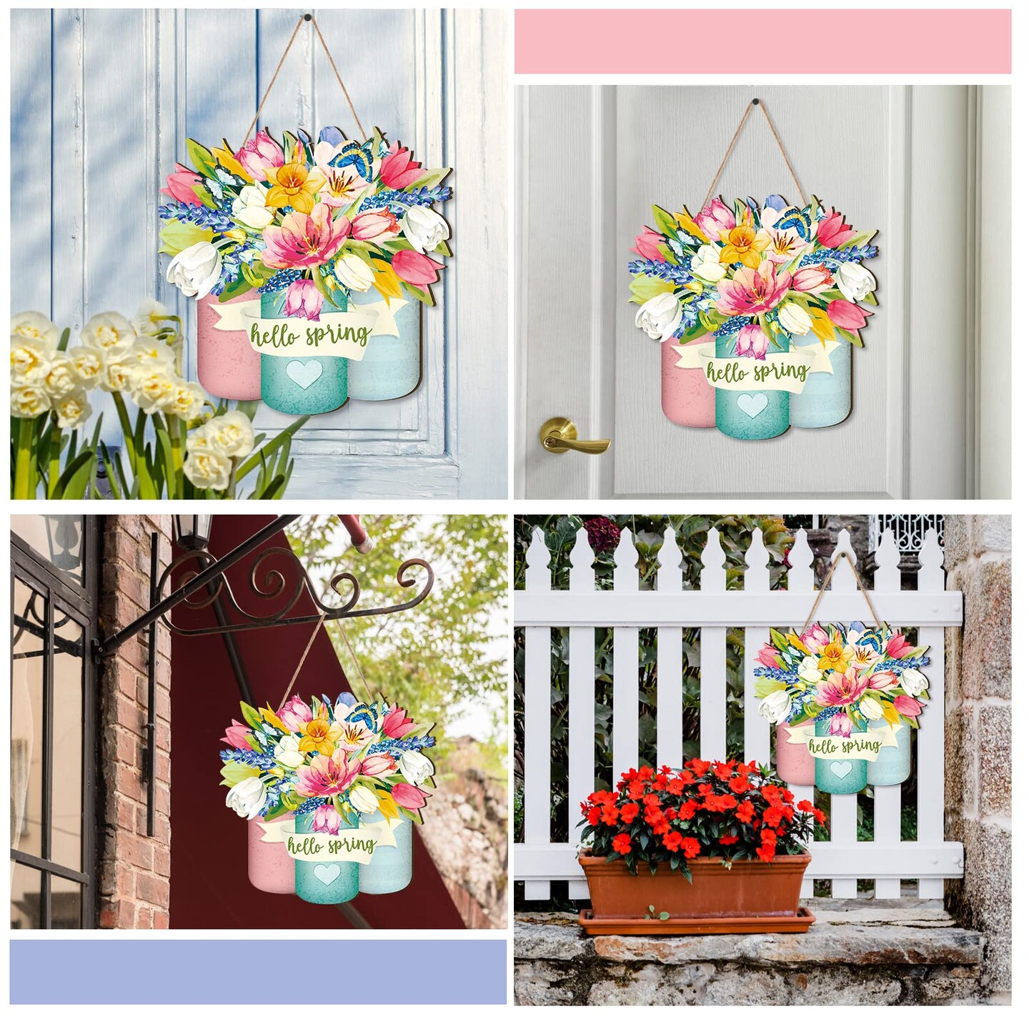 Spring Welcome Sign Wood Front Door Decor Hanging Outdoor Wooden Decorations for Farmhouse Porch Decoration (Flower Style)