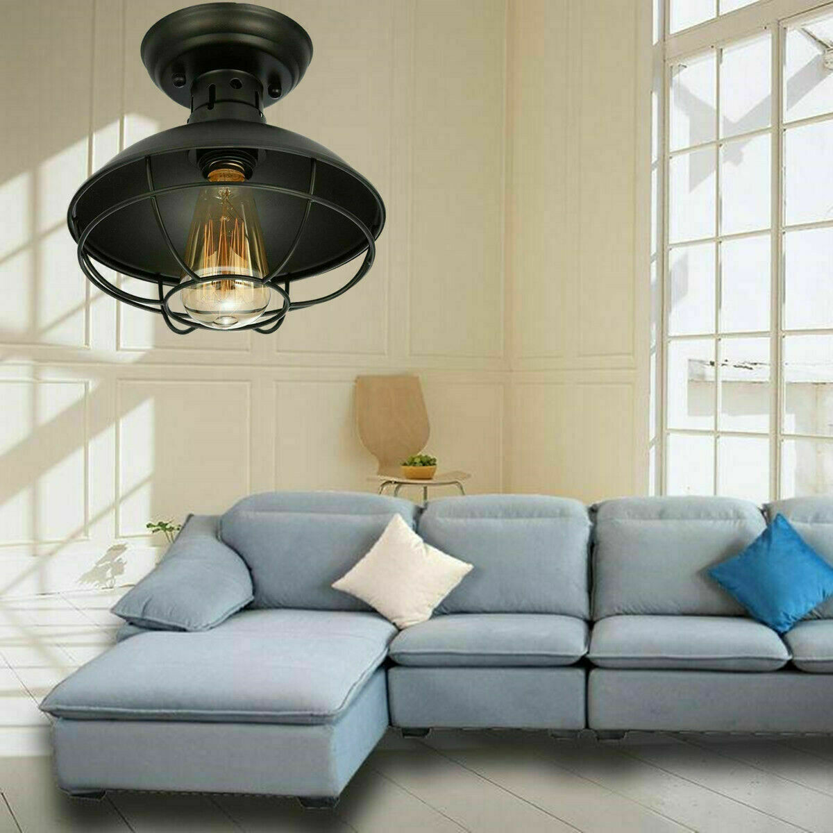 Kitcheniva E26 Vintage Semi Flush Mount Metal Cage Pendant Lamp