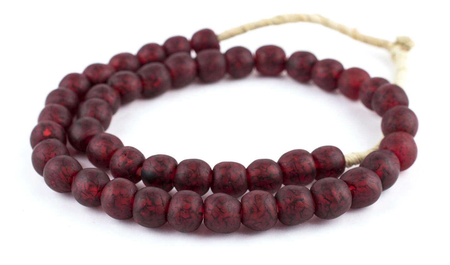 TheBeadChest African Recycled Glass Beads, Strand, For Jewelry Making, Home Decor, Handmade in Ghana (14mm, Red Black Swirl)