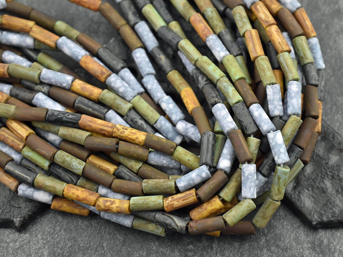 9x4mm Aged Matte Wampum Mural Picasso Bugle Bead Mix (21" Strand)