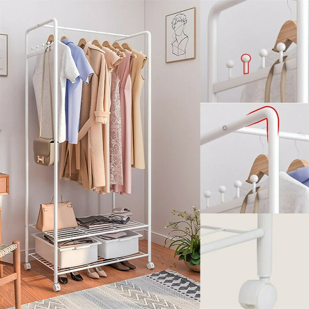 Mobile Iron Commercial Garment Rack Rolling Collapsible Clothing Shelf w/ Wheels