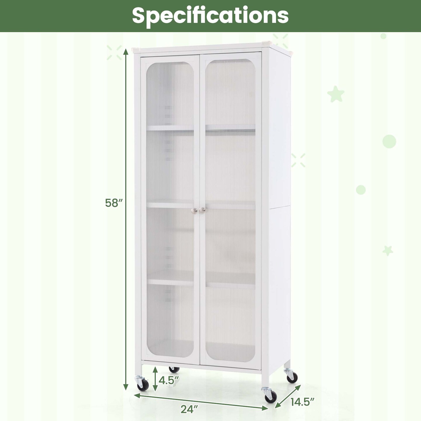Costway Storage Cabinet with Wheels &#x26; 2 Translucent Doors Adjustable Shelves Sideboard